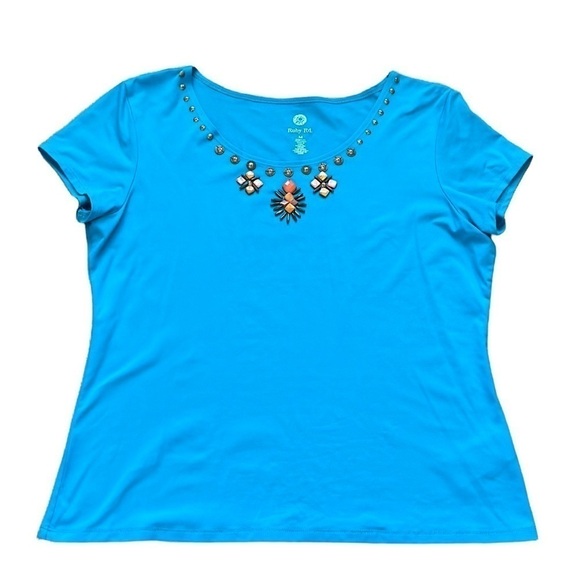 Ruby Rd aqua short sleeve top embellished with earth tone beads and jewels - Picture 1 of 6